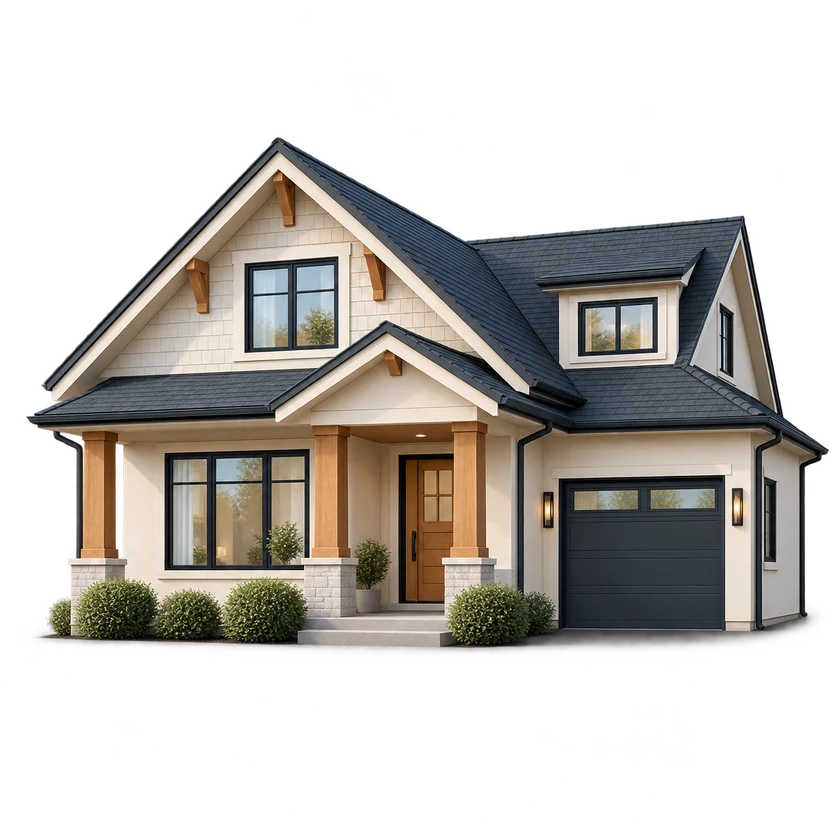 Illustrative cream craftsman home with a timber porch and slate roof